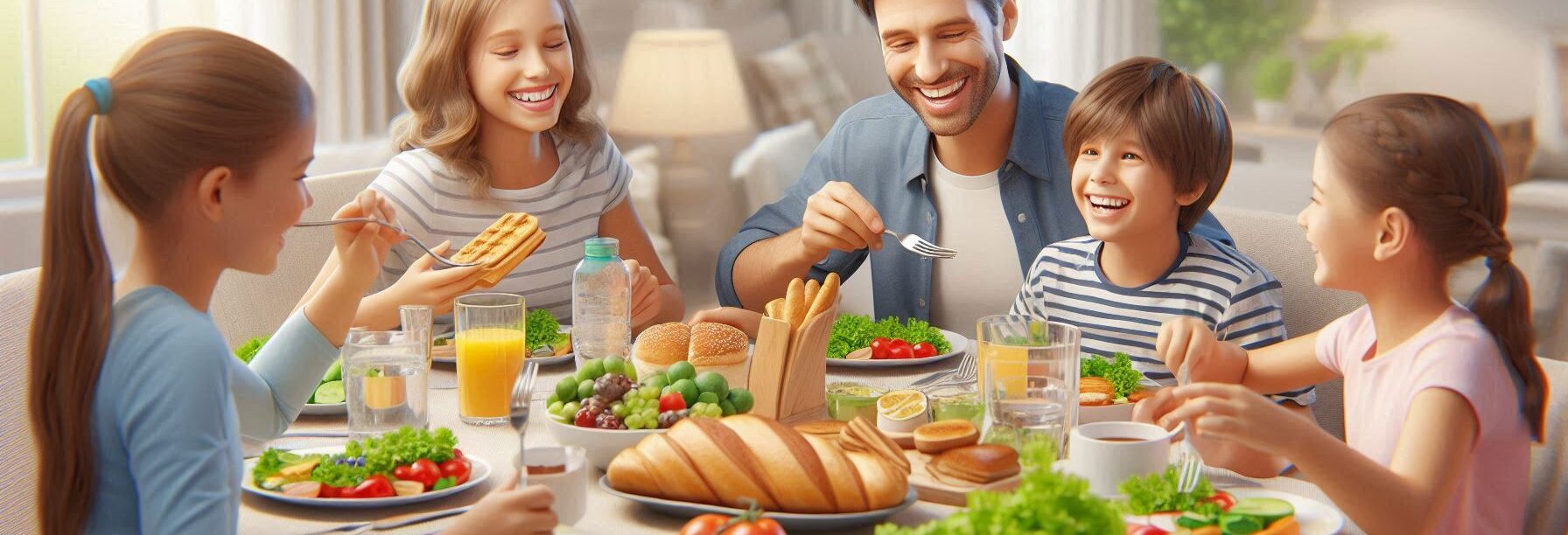 Family Eating at the Dinner Table with all 5 Food Groups and they are Happy