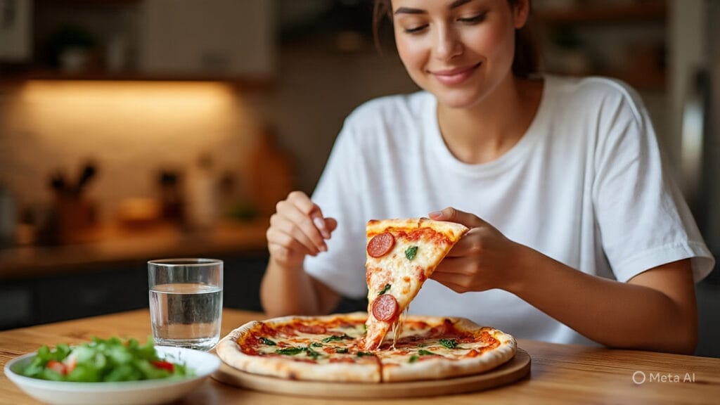 Woman Finding Balance Between Indulgence and Health While Eating Pizza