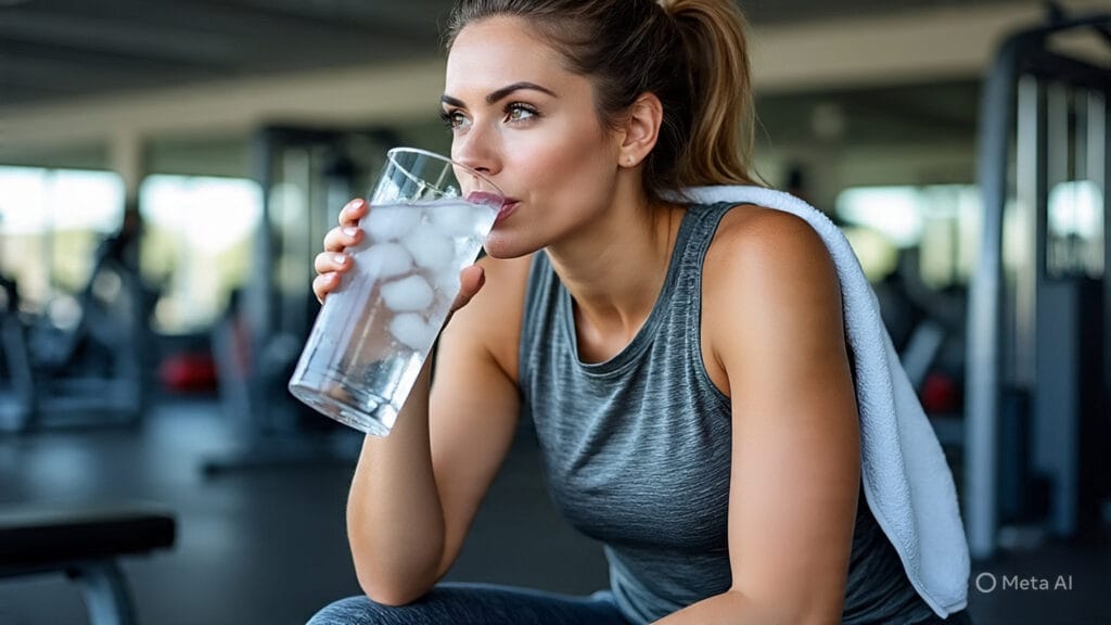 Woman Drinking a Tall Glass of Ice Water at the Gym