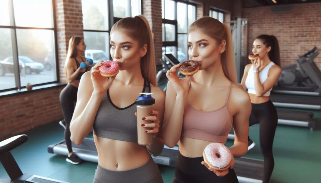 Women in a Gym Eating Donuts While Exercising