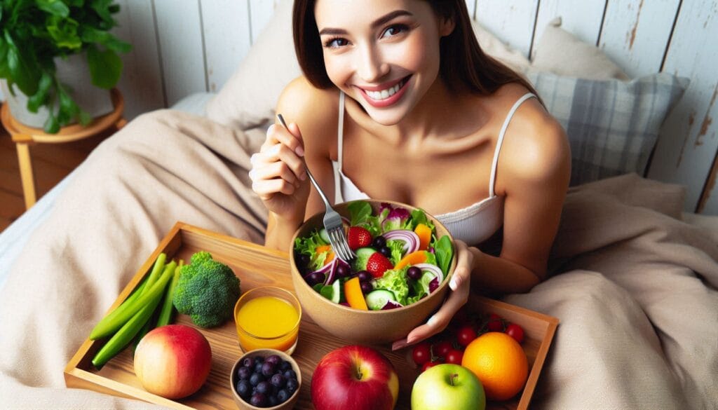 Woman Eating a Big Salad with a Bowl of Fruit on the Side