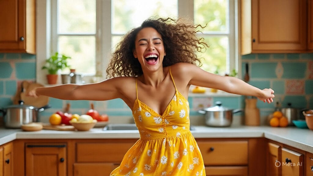 Woman Laughing While Dancing in Her Kitchen