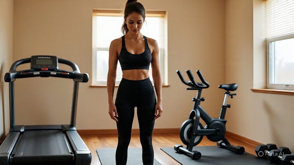 Woman Examining Her Home Gym Setup